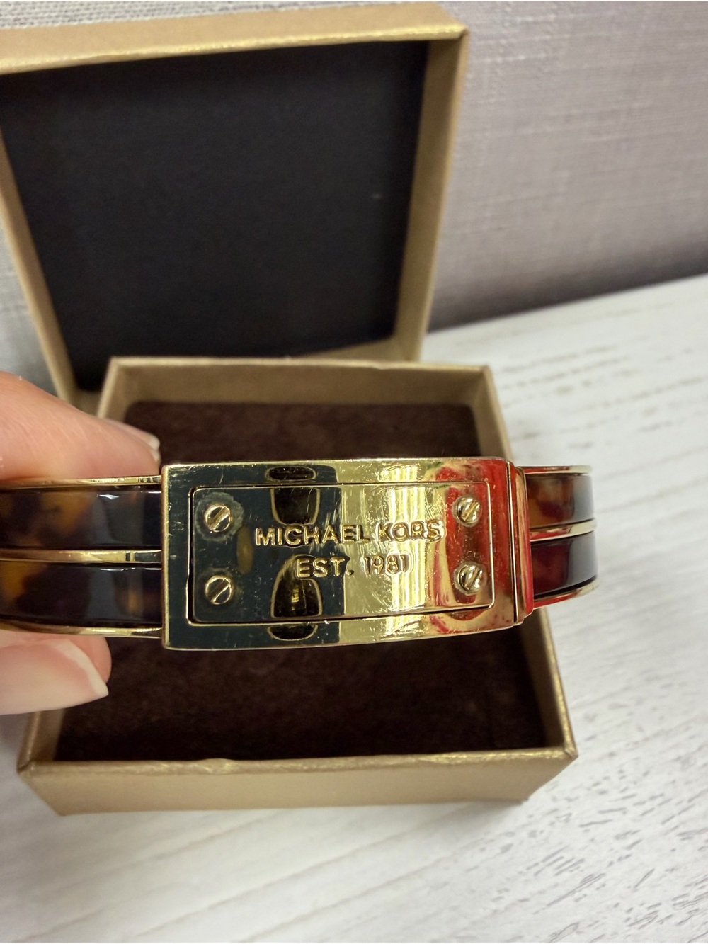 Michael Kors Gold and Tortoiseshell Hinged Logo Bangle